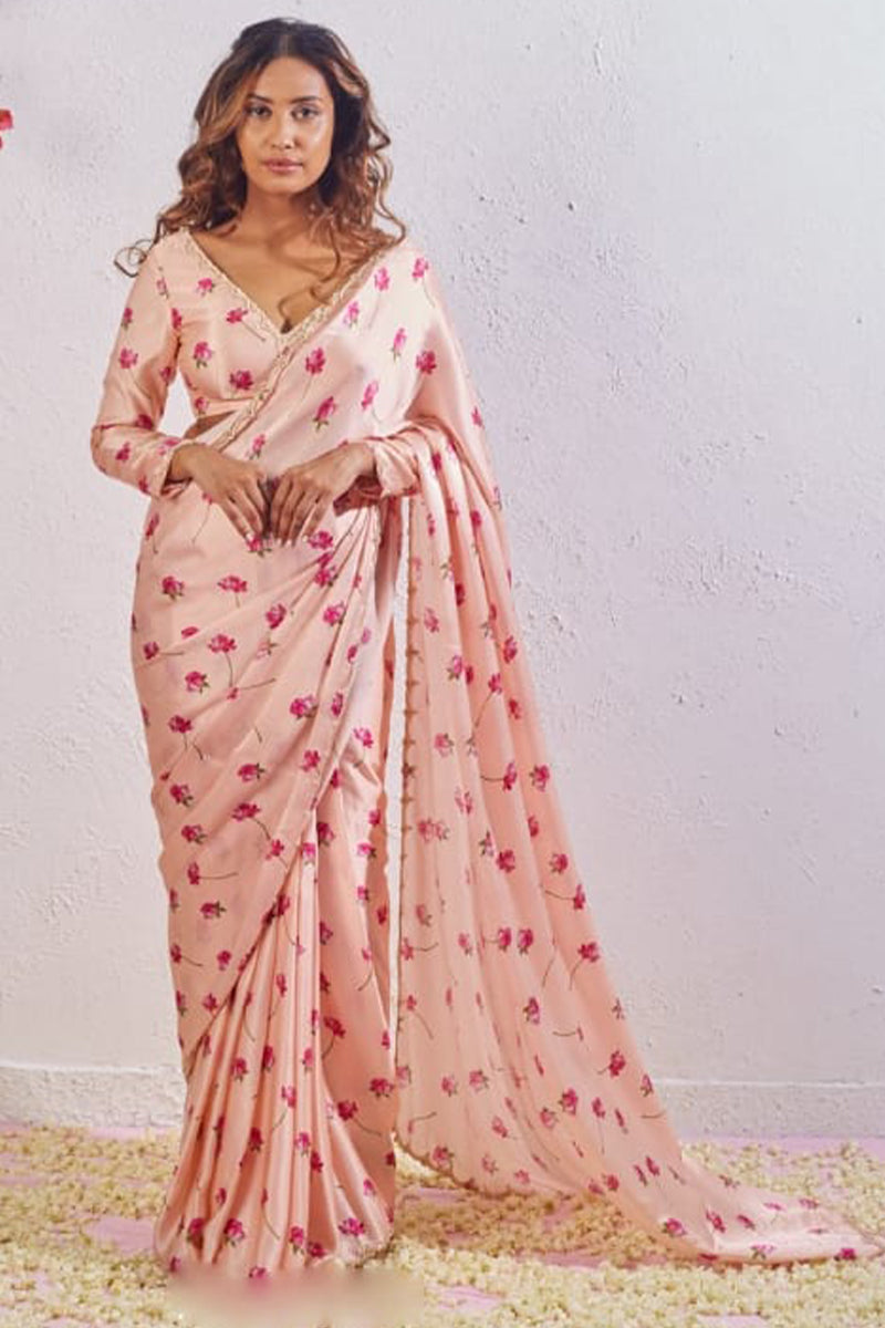 Most Flattering 1-Minute Ready To Wear Peach Satin Silk Saree