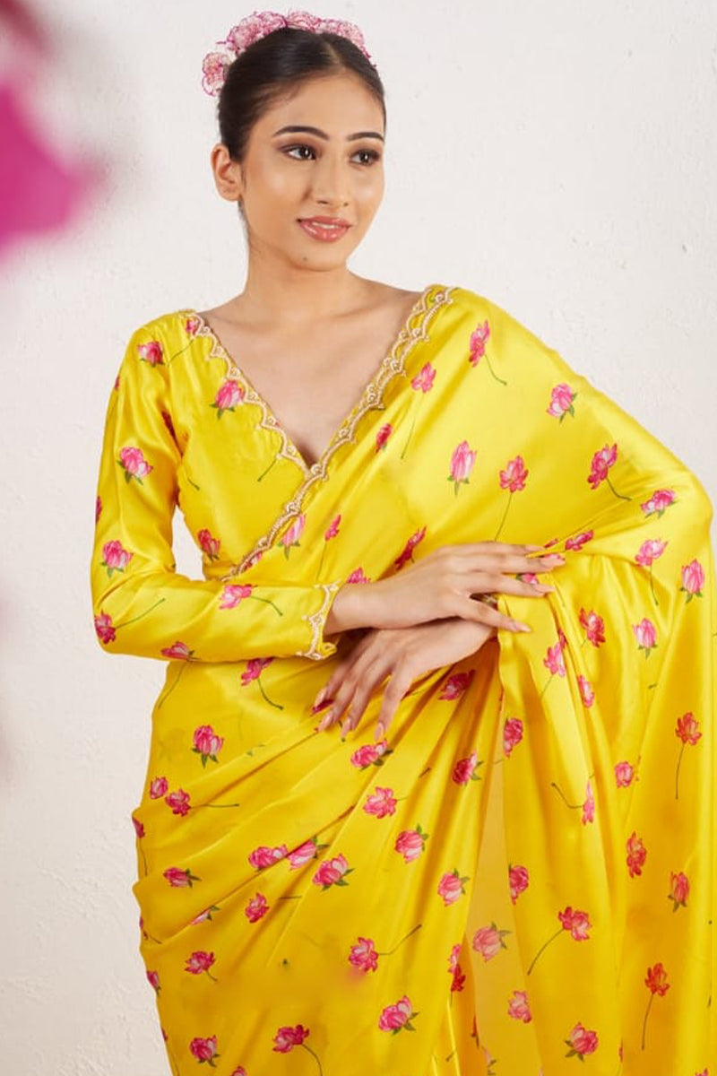 Comely 1-Minute Ready To Wear Yellow Satin Silk Saree