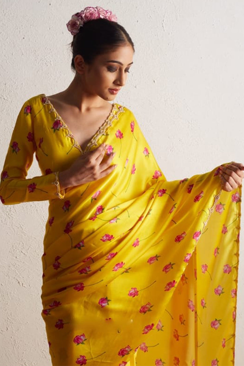 Comely 1-Minute Ready To Wear Yellow Satin Silk Saree