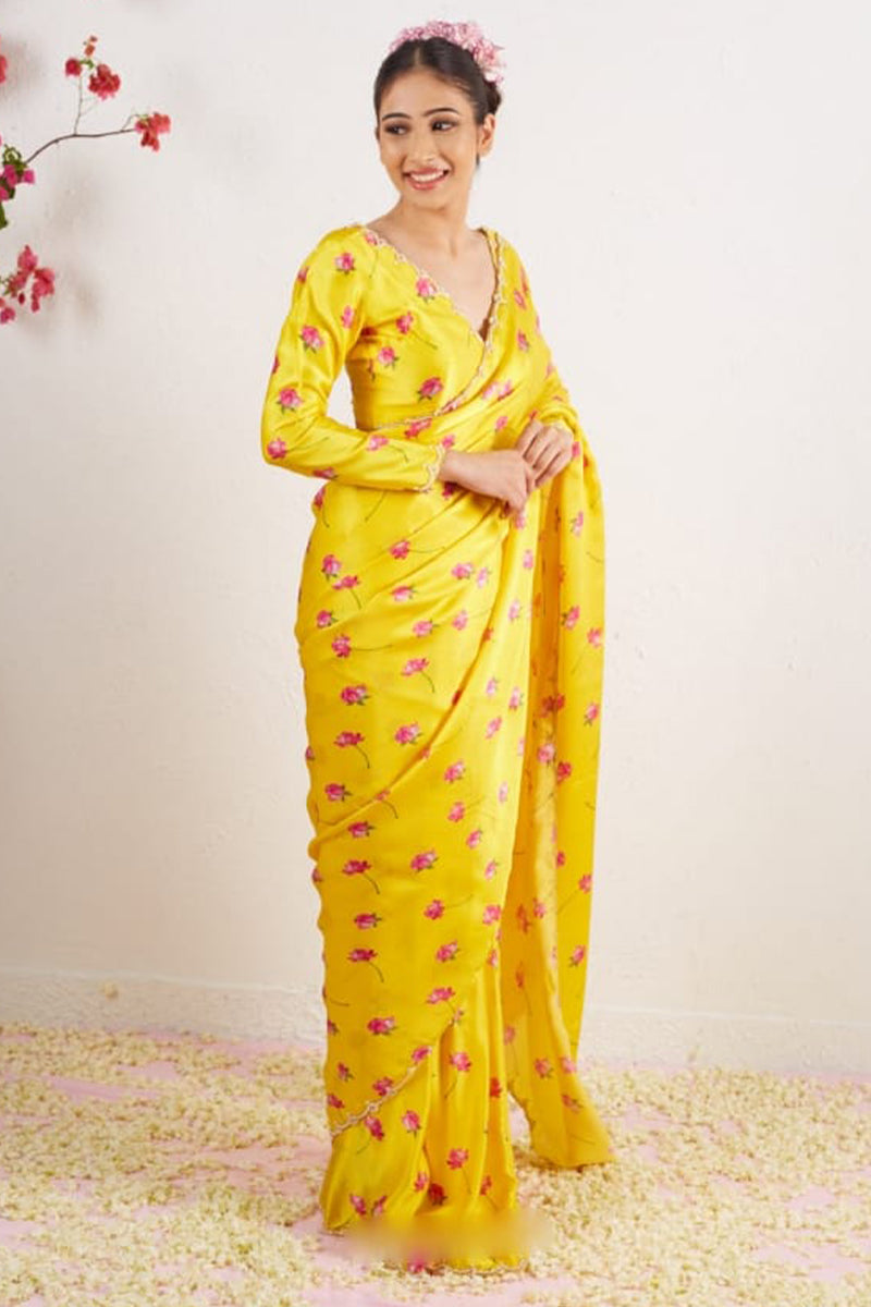 Comely 1-Minute Ready To Wear Yellow Satin Silk Saree