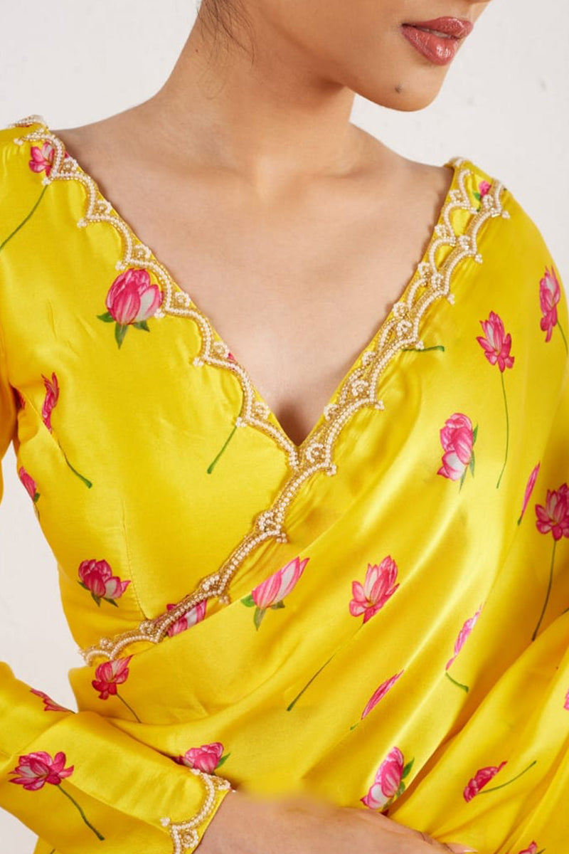 Comely 1-Minute Ready To Wear Yellow Satin Silk Saree