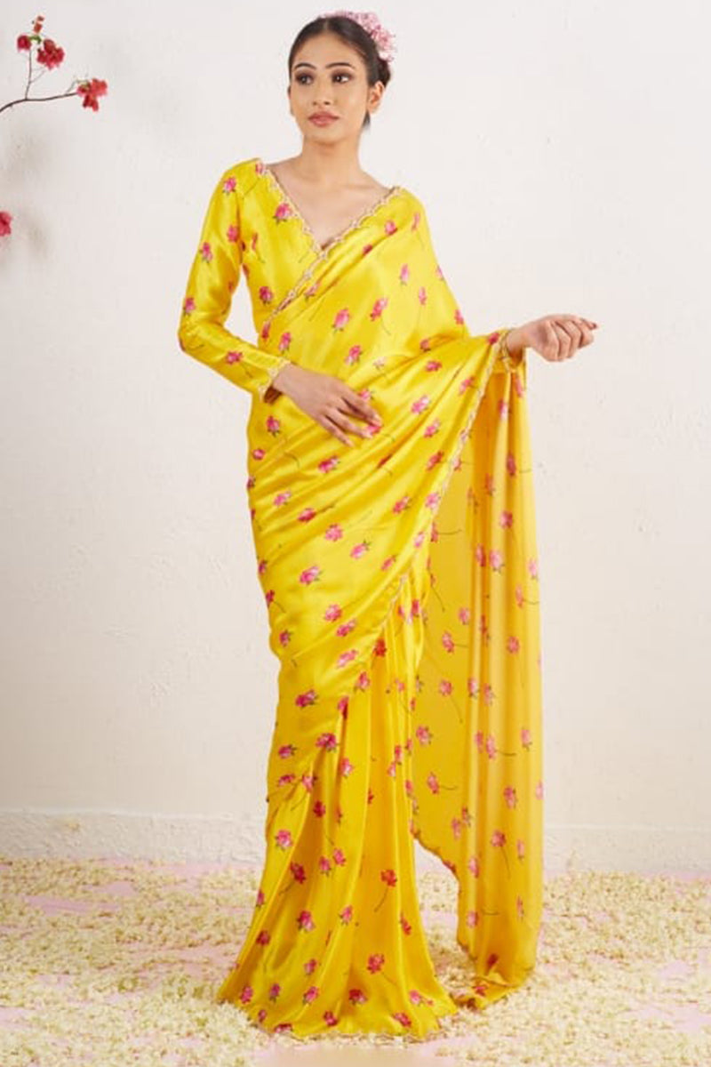 Comely 1-Minute Ready To Wear Yellow Satin Silk Saree