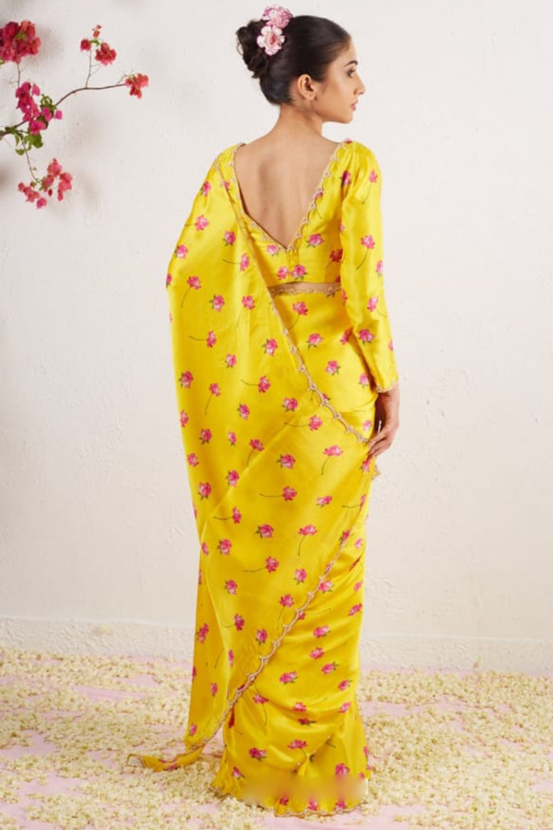 Comely 1-Minute Ready To Wear Yellow Satin Silk Saree