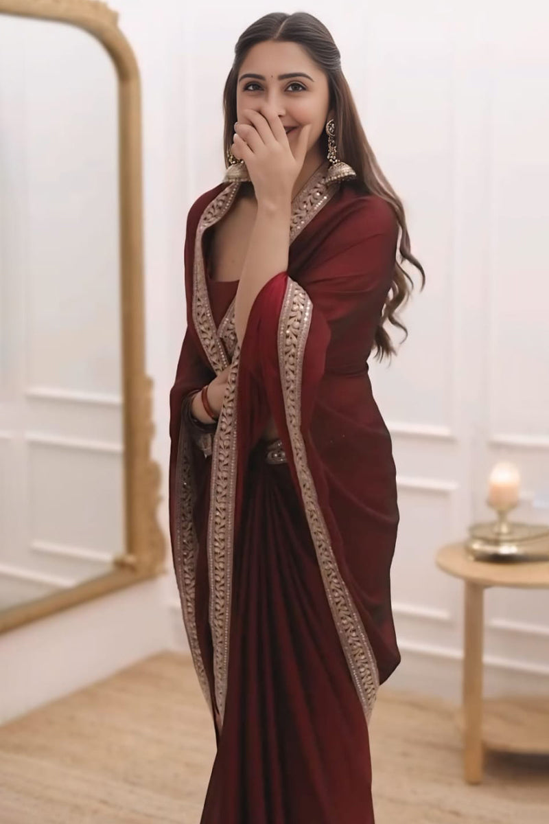 Dalliance 1-Minute Ready To Wear Maroon Rangoli Silk Saree