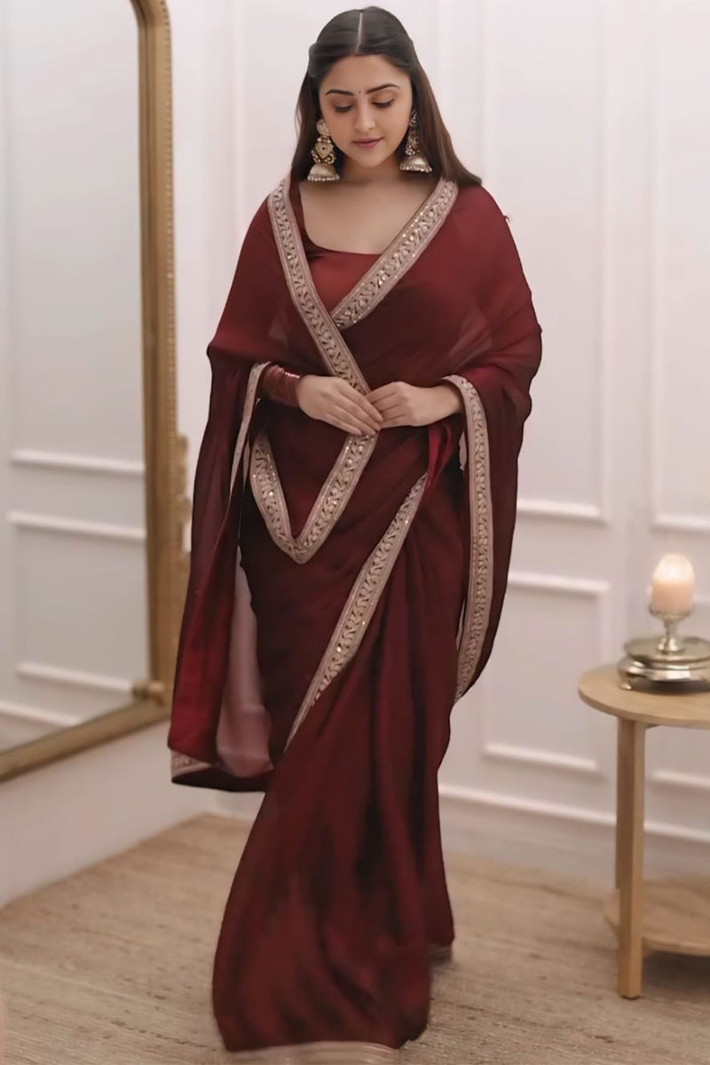 Dalliance 1-Minute Ready To Wear Maroon Rangoli Silk Saree