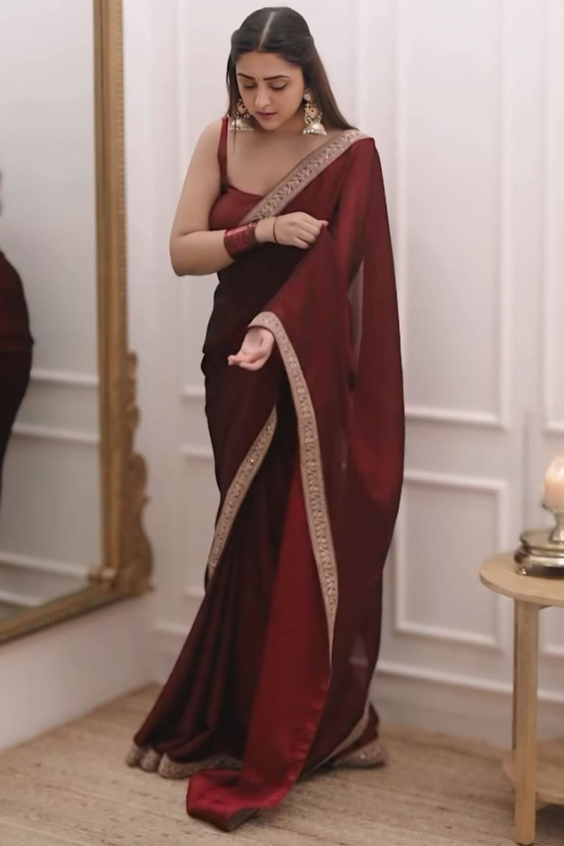 Dalliance 1-Minute Ready To Wear Maroon Rangoli Silk Saree