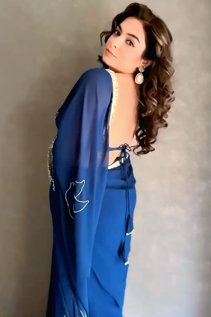 Innovative 1-Minute Ready To Wear Navy Blue Georgette Saree