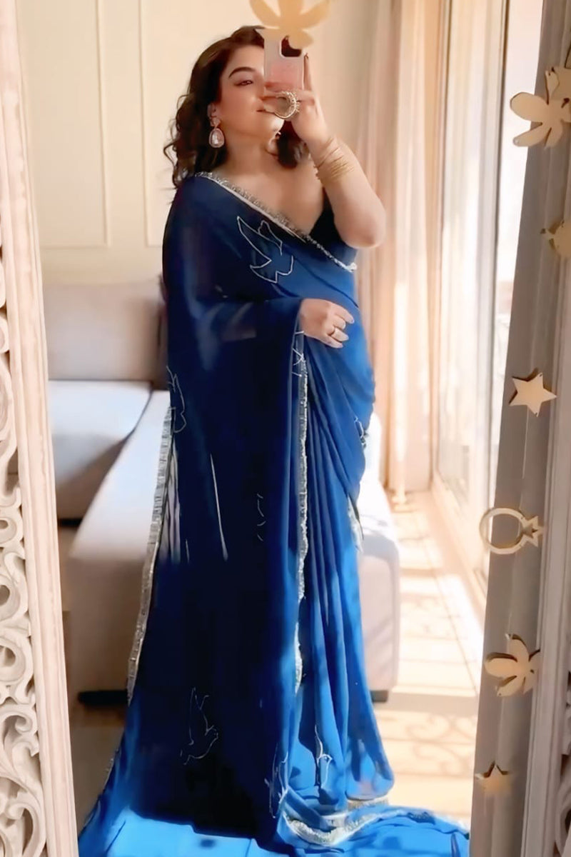 Innovative 1-Minute Ready To Wear Navy Blue Georgette Saree