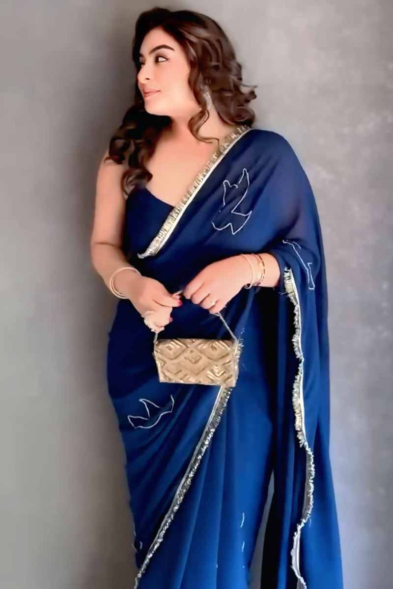 Innovative 1-Minute Ready To Wear Navy Blue Georgette Saree