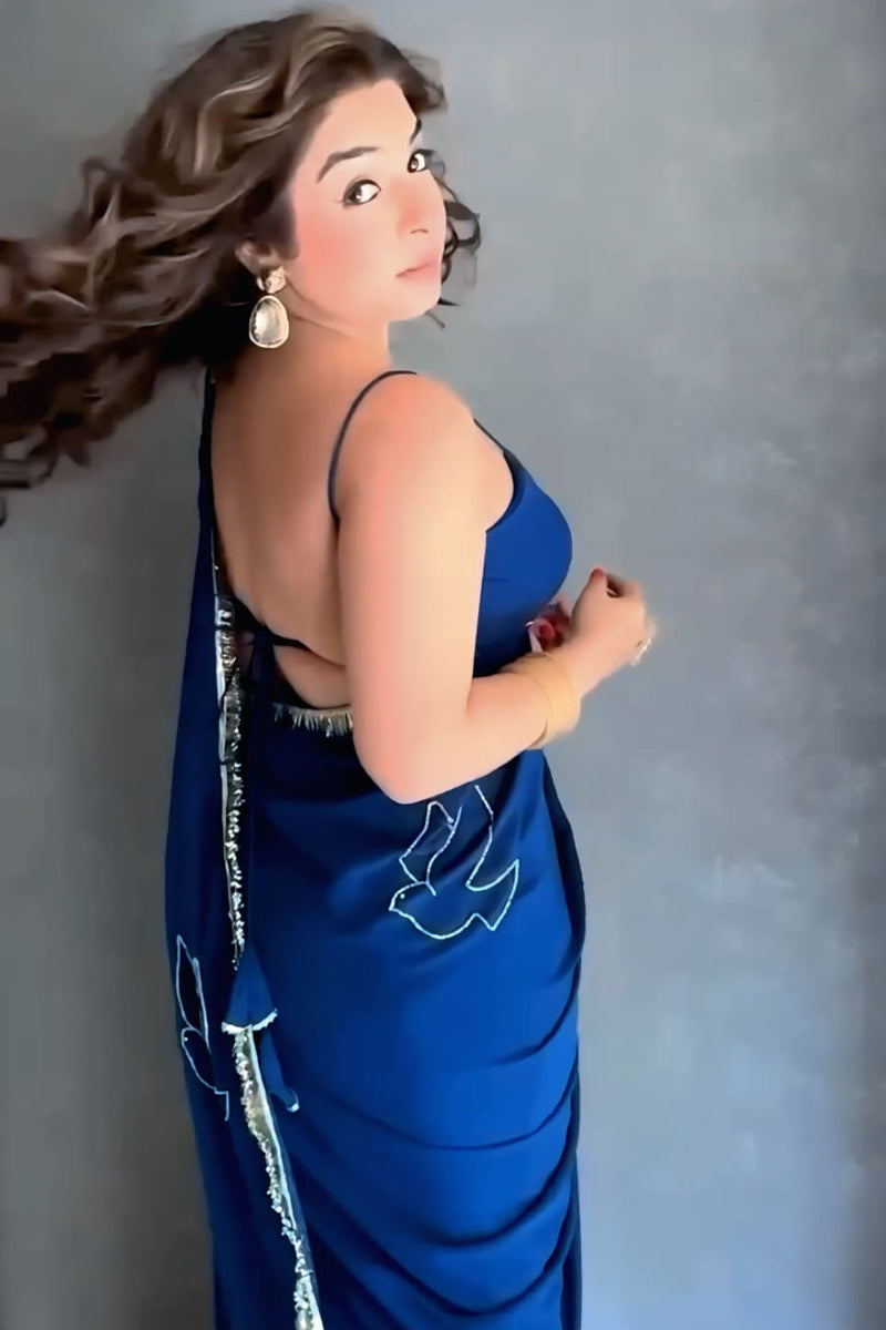 Innovative 1-Minute Ready To Wear Navy Blue Georgette Saree