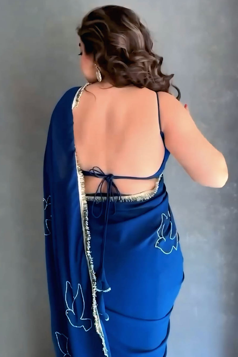 Innovative 1-Minute Ready To Wear Navy Blue Georgette Saree