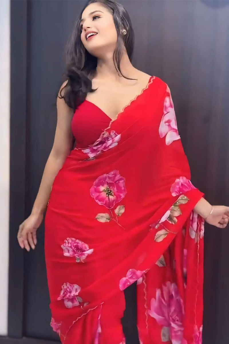 Captivating 1-Minute Ready To Wear Red Georgette Saree