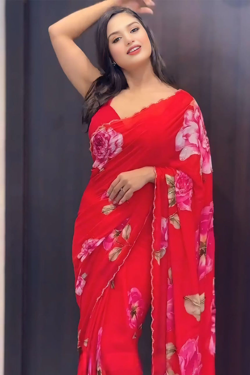 Captivating 1-Minute Ready To Wear Red Georgette Saree