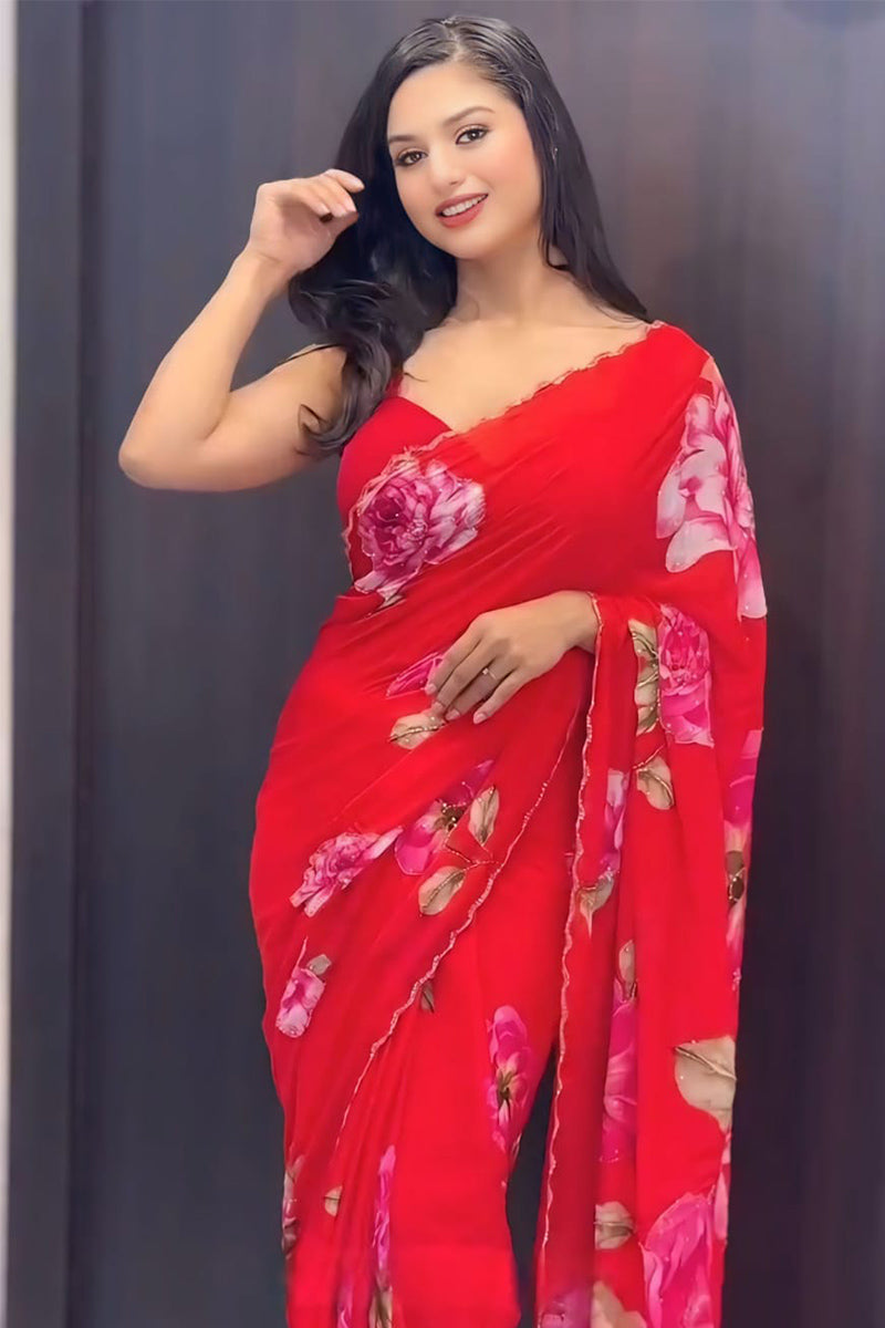 Captivating 1-Minute Ready To Wear Red Georgette Saree