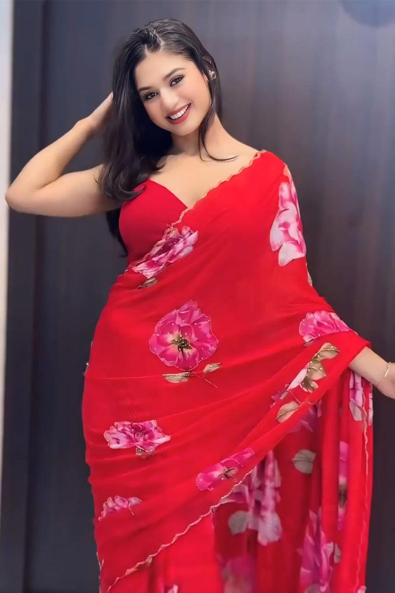 Captivating 1-Minute Ready To Wear Red Georgette Saree