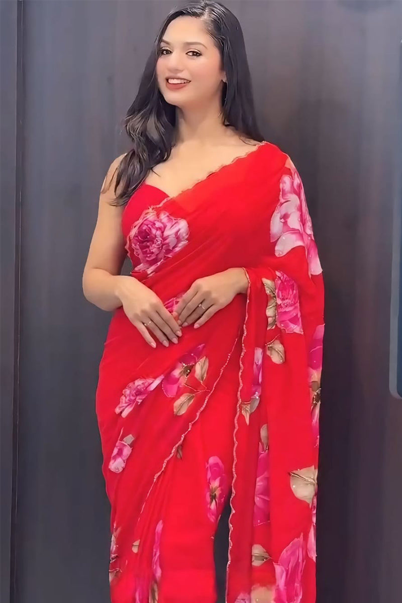 Captivating 1-Minute Ready To Wear Red Georgette Saree
