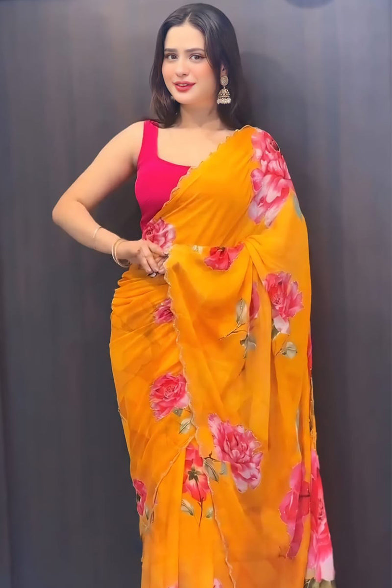 Breathtaking 1-Minute Ready To Wear Yellow Georgette Saree