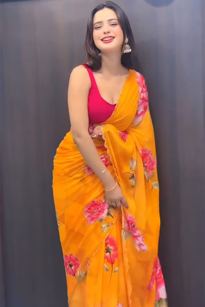 Breathtaking 1-Minute Ready To Wear Yellow Georgette Saree