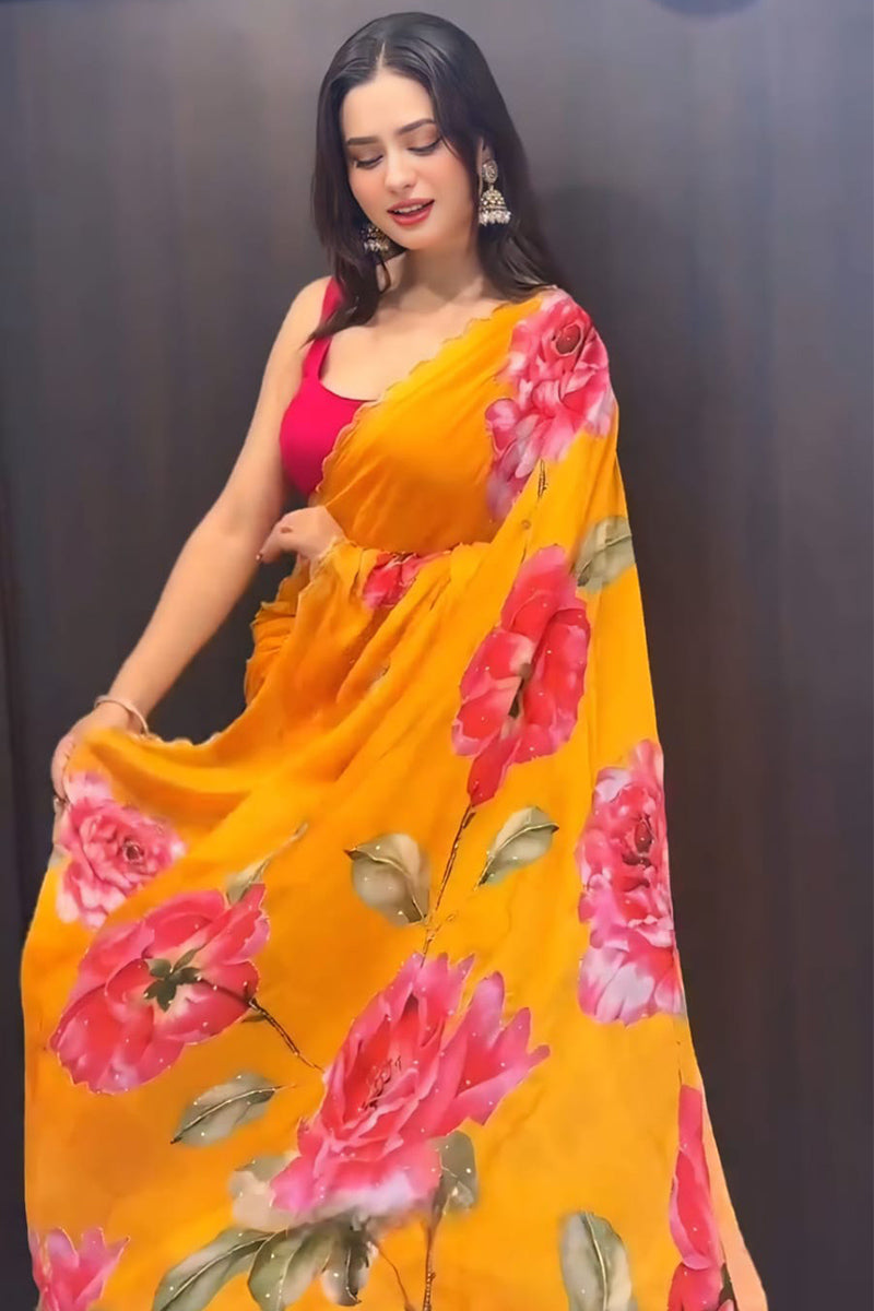 Breathtaking 1-Minute Ready To Wear Yellow Georgette Saree