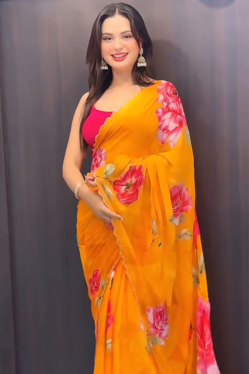 Breathtaking 1-Minute Ready To Wear Yellow Georgette Saree