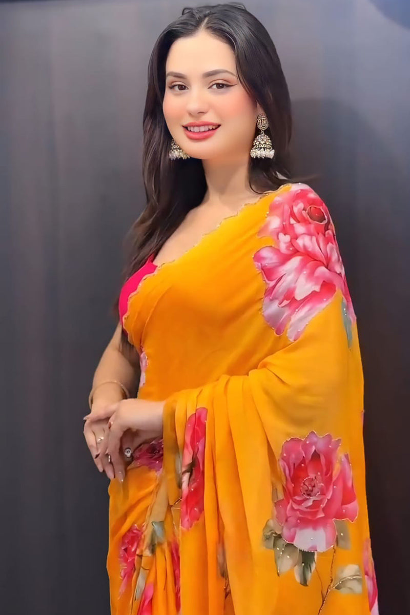 Breathtaking 1-Minute Ready To Wear Yellow Georgette Saree