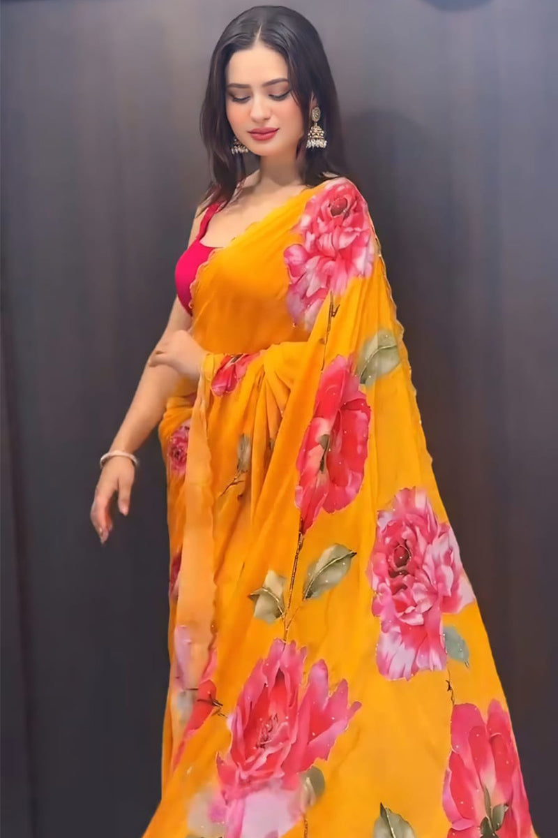 Breathtaking 1-Minute Ready To Wear Yellow Georgette Saree