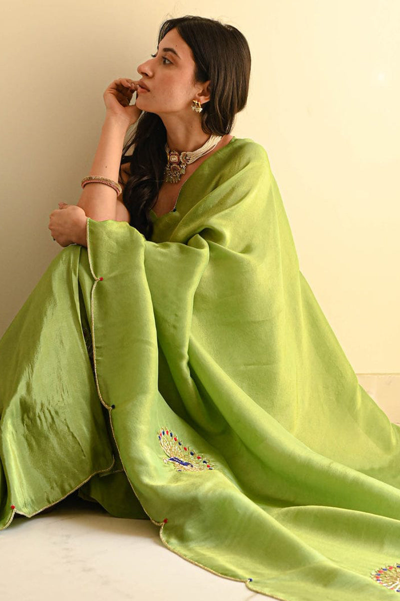 Engaging 1-Minute Ready To Wear Green Malai Satin Silk Saree