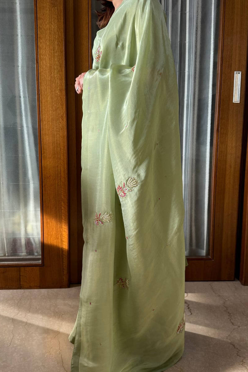 Luminous 1-Minute Ready To Wear Pista Malai Satin Silk Saree