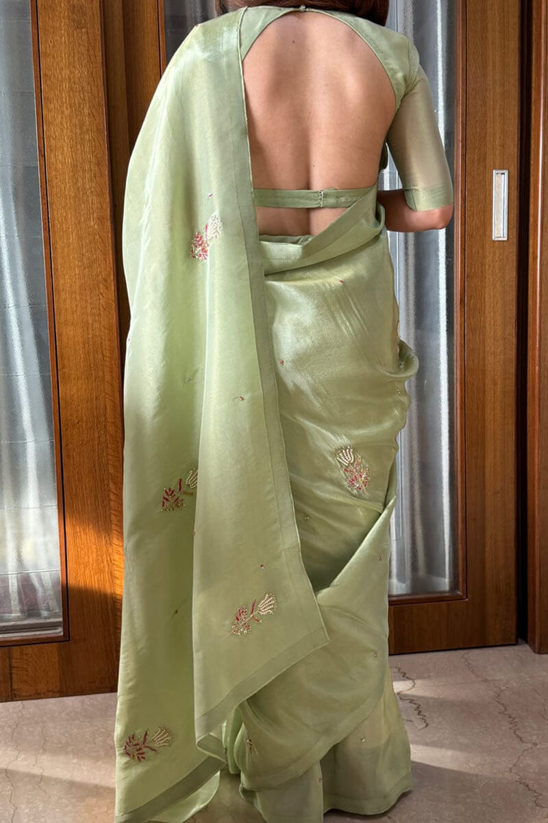 Luminous 1-Minute Ready To Wear Pista Malai Satin Silk Saree