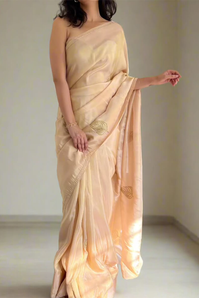 Vibrant 1-Minute Ready To Wear Peach Malai Satin Silk Saree