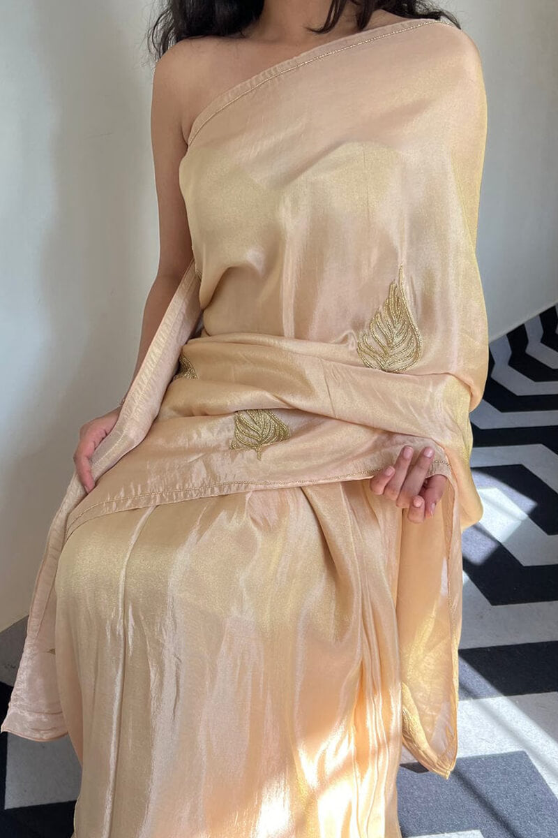 Vibrant 1-Minute Ready To Wear Peach Malai Satin Silk Saree