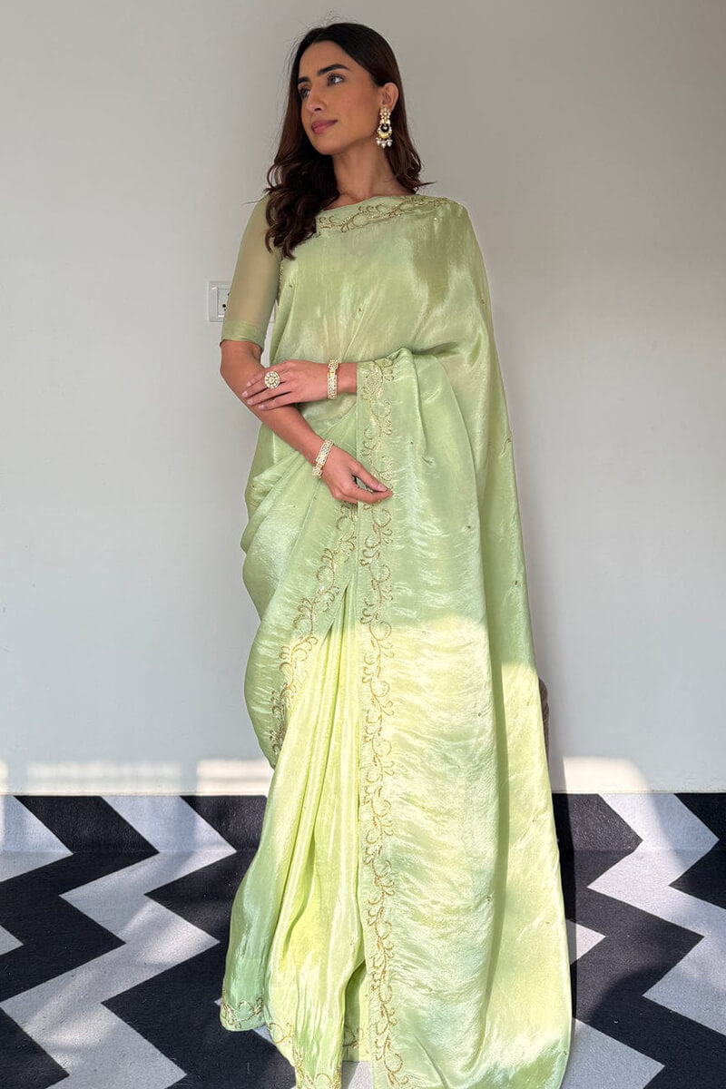 Tremendous 1-Minute Ready To Wear Pista Malai Satin Silk Saree