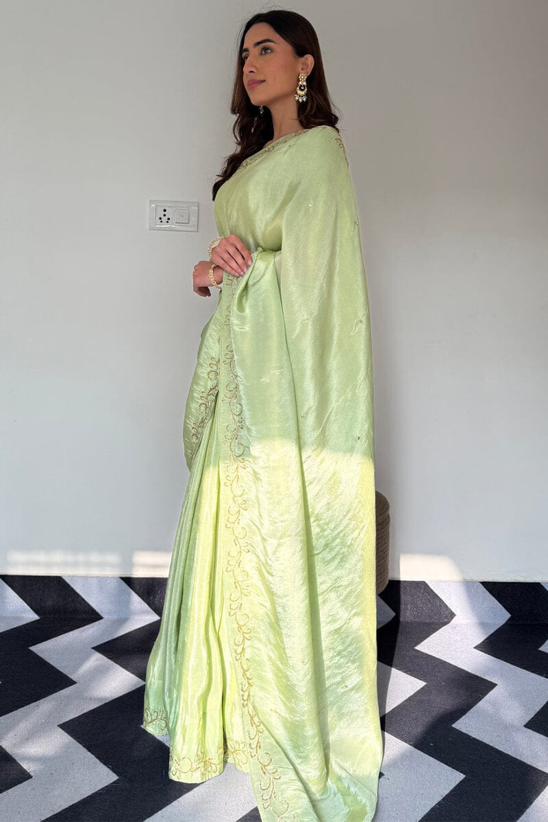 Tremendous 1-Minute Ready To Wear Pista Malai Satin Silk Saree