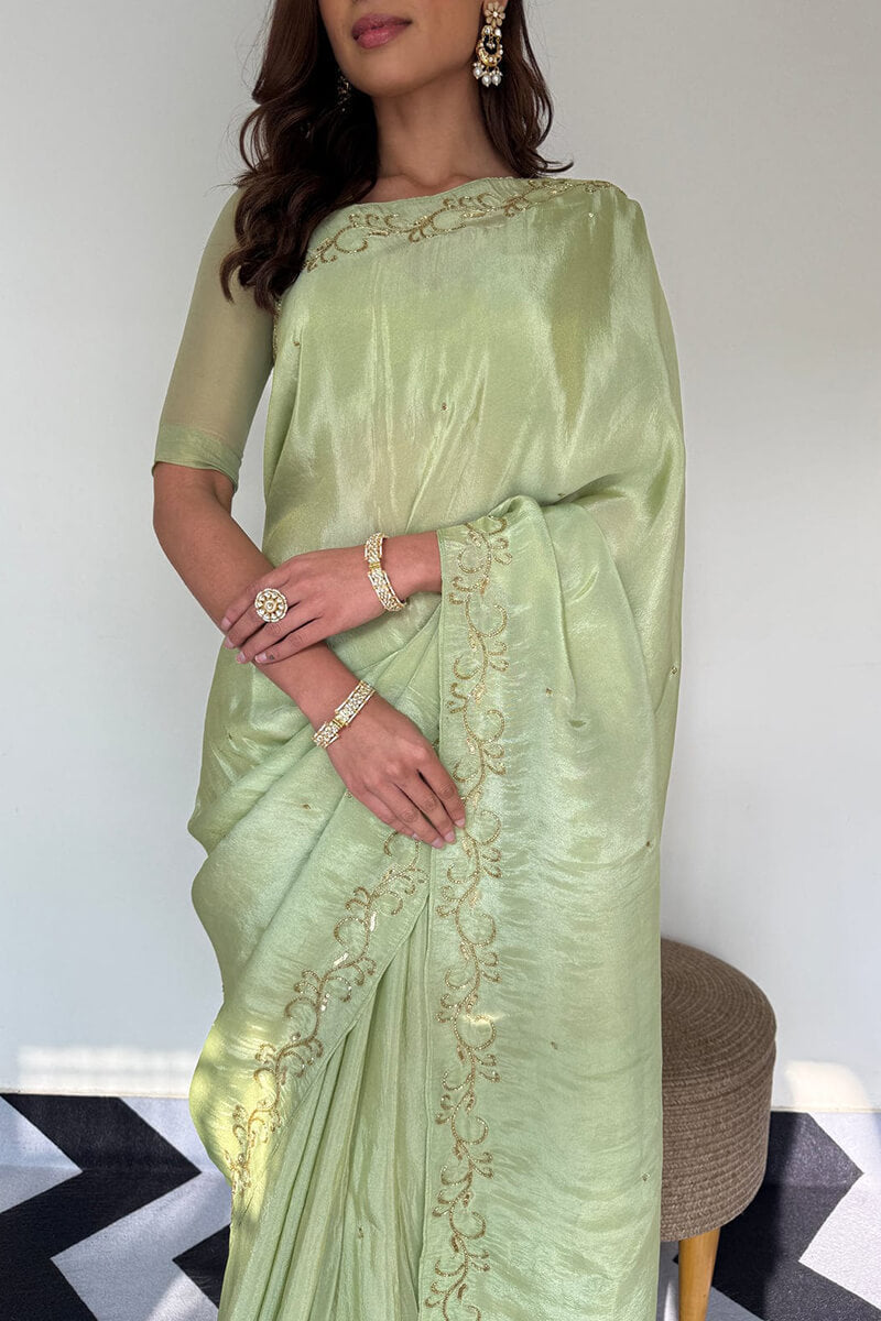 Tremendous 1-Minute Ready To Wear Pista Malai Satin Silk Saree