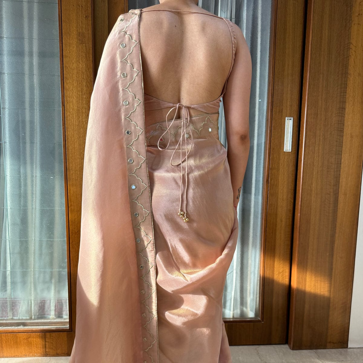 Gorgeous 1-Minute Ready To Wear Peach Malai Satin Silk Saree