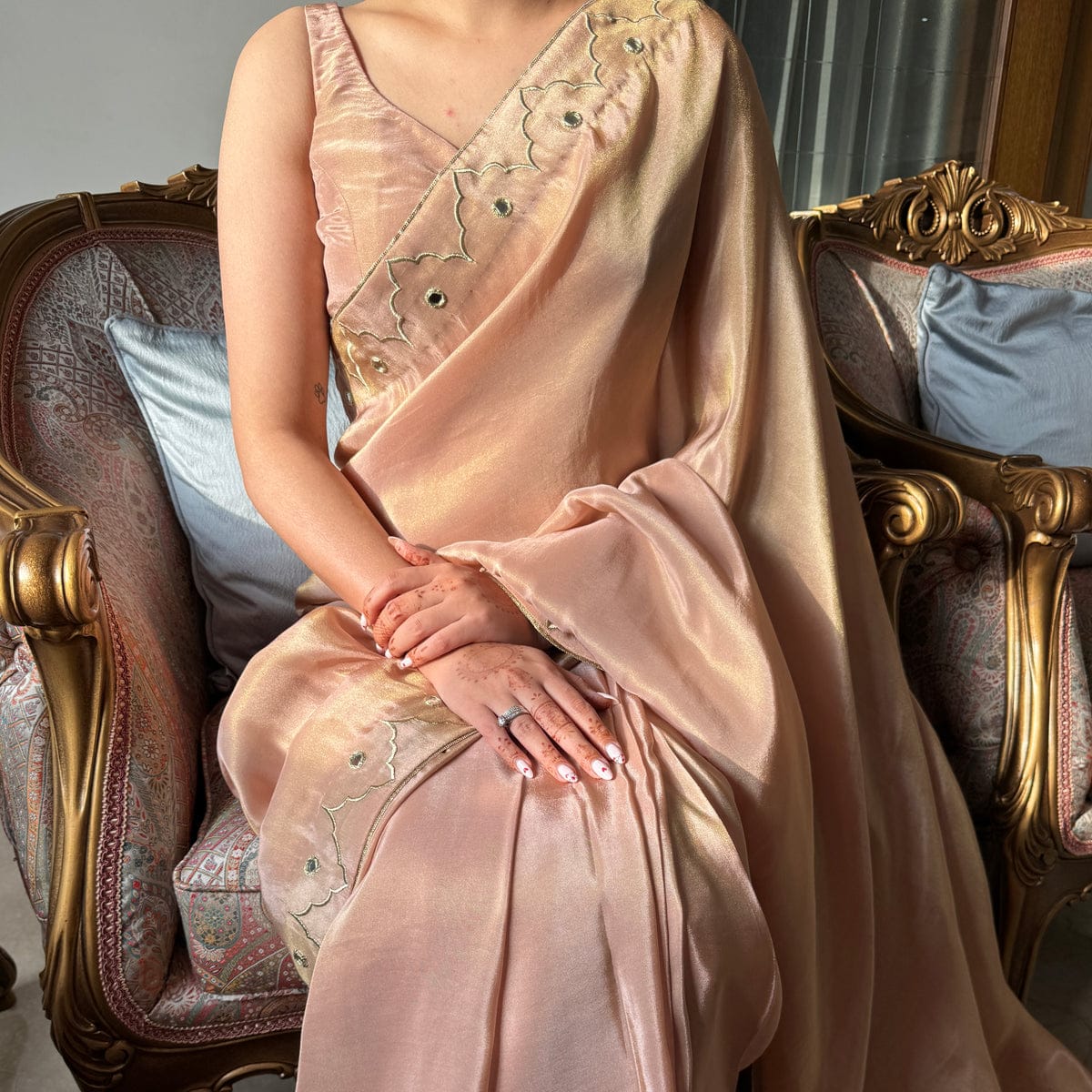 Gorgeous 1-Minute Ready To Wear Peach Malai Satin Silk Saree
