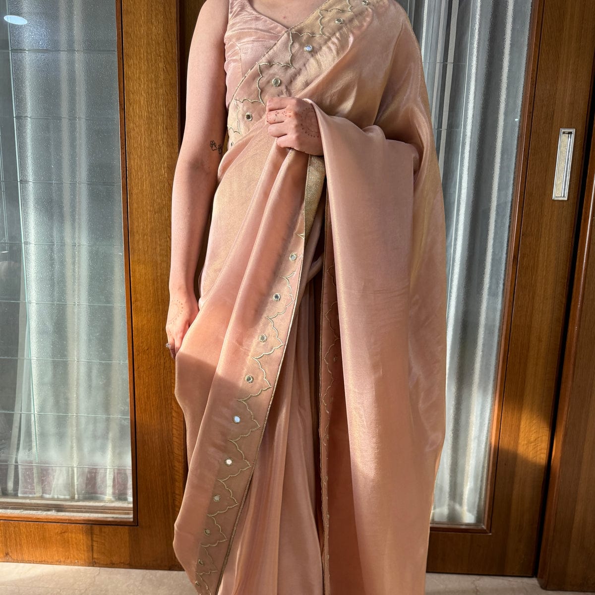 Gorgeous 1-Minute Ready To Wear Peach Malai Satin Silk Saree