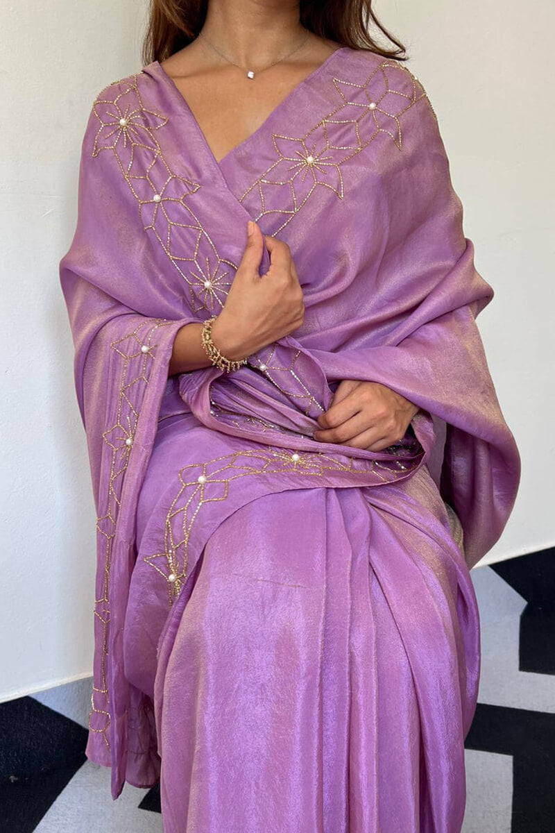 Gleaming 1-Minute Ready To Wear Lavender Malai Satin Silk Saree