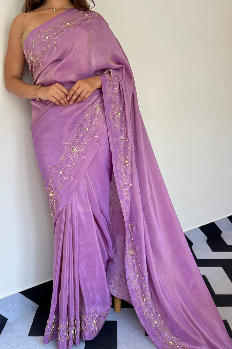 Gleaming 1-Minute Ready To Wear Lavender Malai Satin Silk Saree