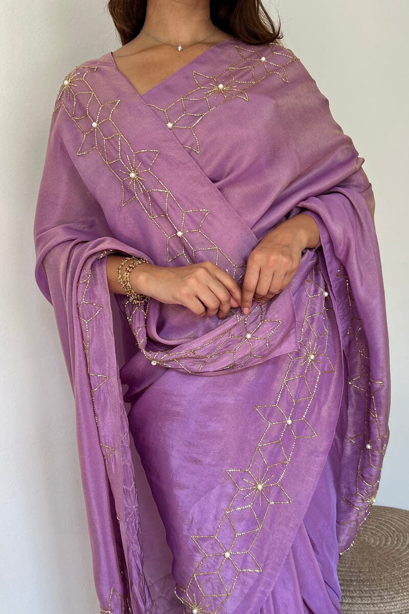 Gleaming 1-Minute Ready To Wear Lavender Malai Satin Silk Saree