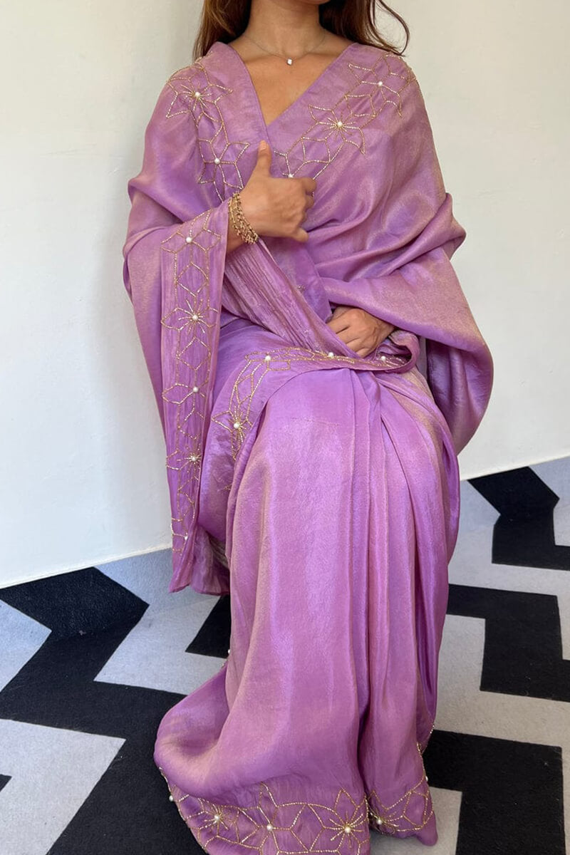 Gleaming 1-Minute Ready To Wear Lavender Malai Satin Silk Saree