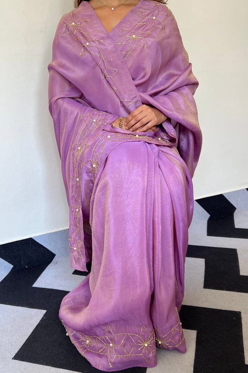 Gleaming 1-Minute Ready To Wear Lavender Malai Satin Silk Saree