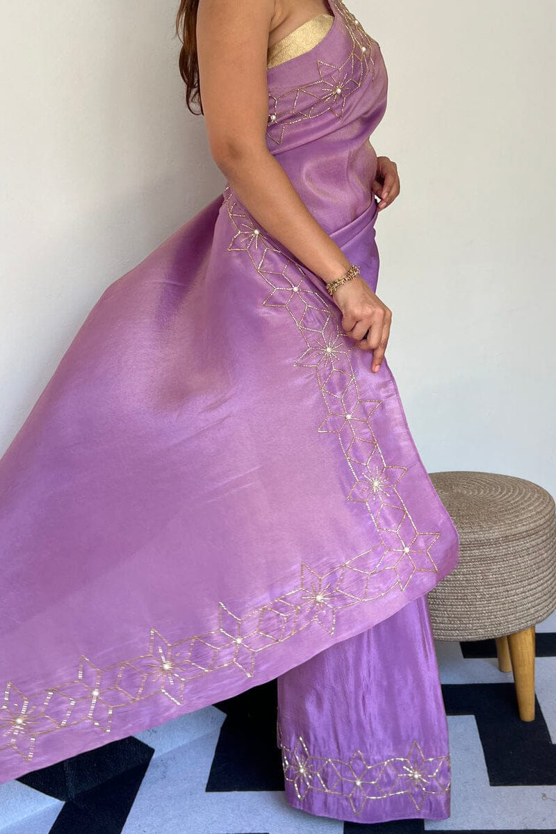 Gleaming 1-Minute Ready To Wear Lavender Malai Satin Silk Saree