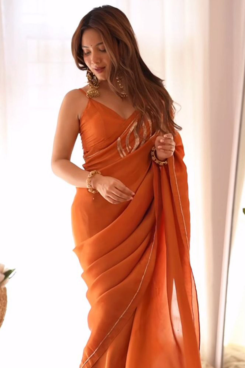 Rhapsody 1-Minute Ready To Wear Orange Malai Satin Silk Saree