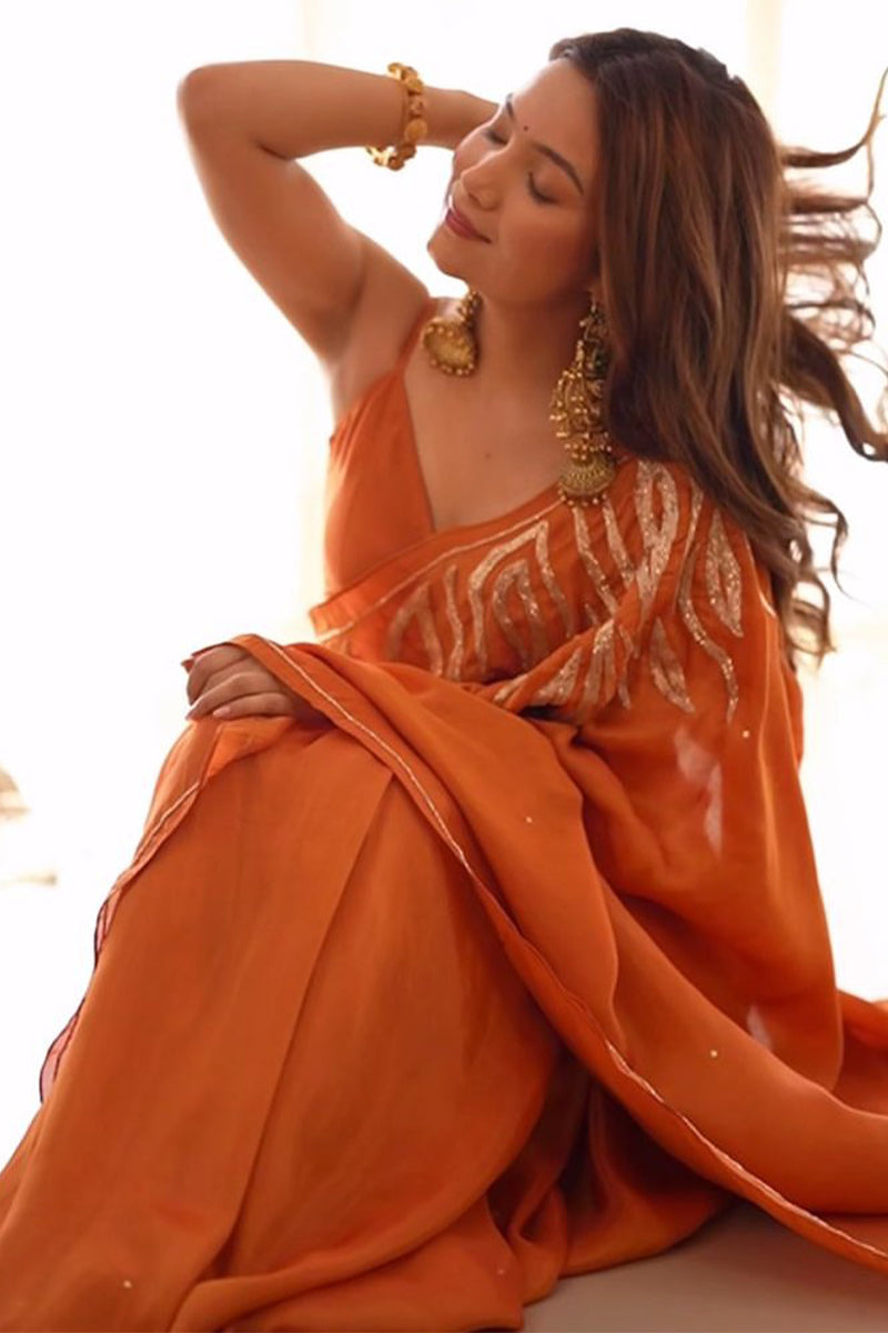 Rhapsody 1-Minute Ready To Wear Orange Malai Satin Silk Saree