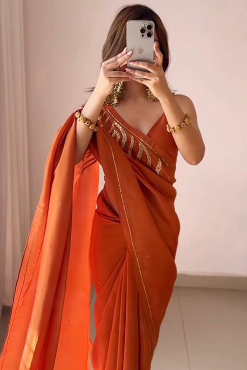 Rhapsody 1-Minute Ready To Wear Orange Malai Satin Silk Saree