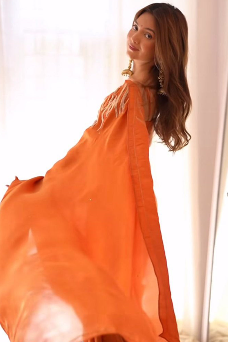 Rhapsody 1-Minute Ready To Wear Orange Malai Satin Silk Saree