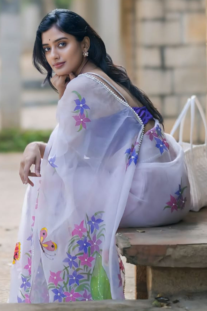 Beauteous 1-Minute Ready To Wear Off White Organza Silk Saree