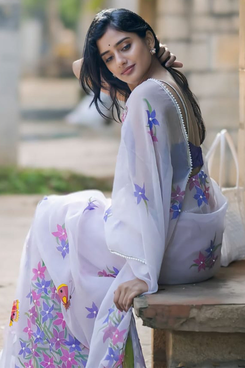 Beauteous 1-Minute Ready To Wear Off White Organza Silk Saree