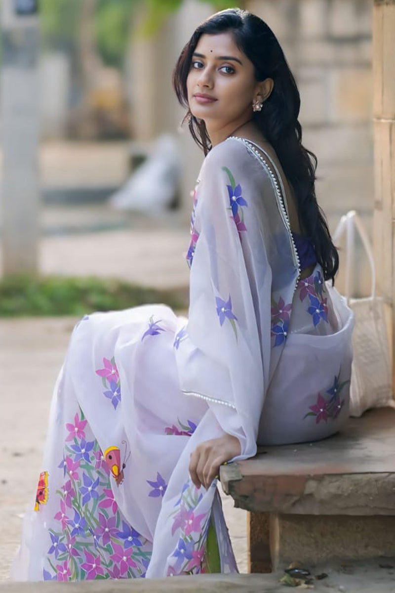 Beauteous 1-Minute Ready To Wear Off White Organza Silk Saree